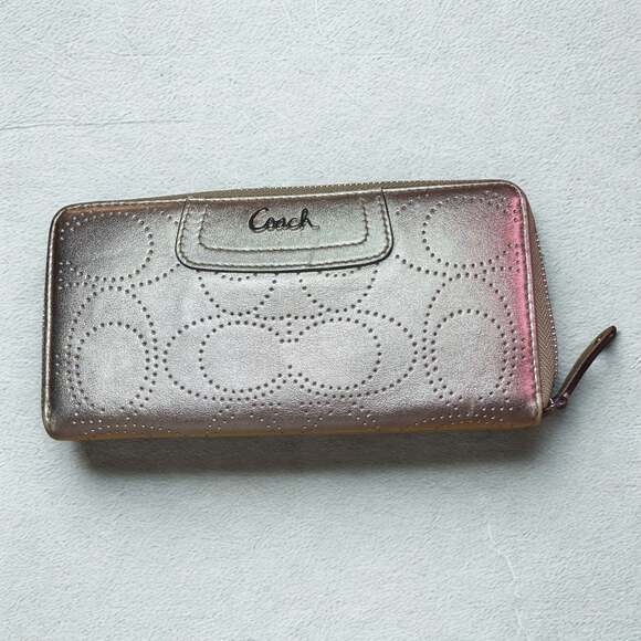 Coach Perforated C Leather Zip Around Wallet Rose Gold - Picture 1 of 4